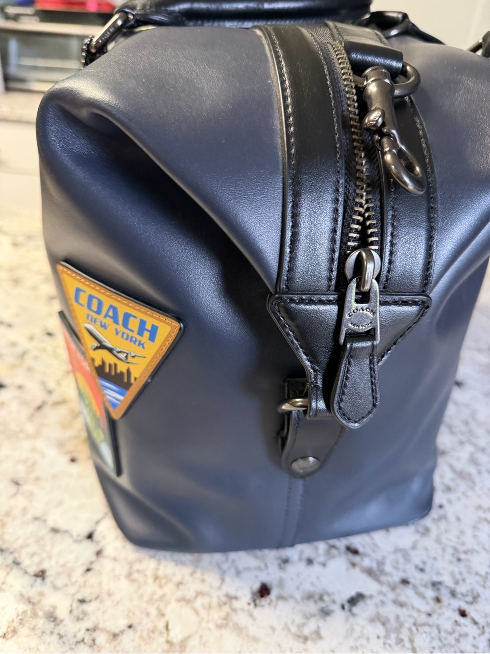 Coach Navy Leather Duffel with Colorful Travel Patch Accents - Picture 3 of 12